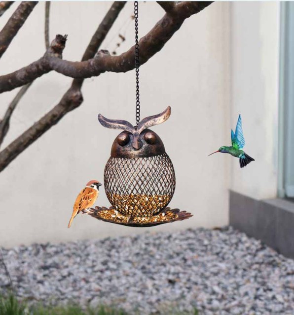 Milalit Owl Shaped Outdoor Garden Wild Bird Feeder Hanging Metal Copper Bronze Color Birds Feeder with Chain and Hook for Robin Parrot Cuckoo Owl Birds