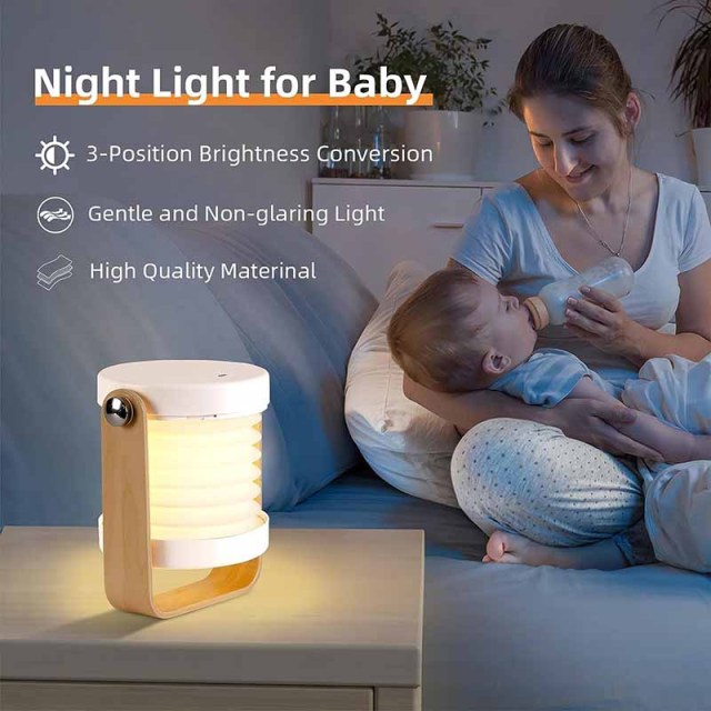 Milalit USB Rechargeable Baby Night Light Touch Control Lantern Lamp 3-Level Brightness Multi-Functional Portable Extend LED Hanging Lantern Light Foldable Wood Bedside Table Lamp for Bedroom Living Room Outdoor Office Camping