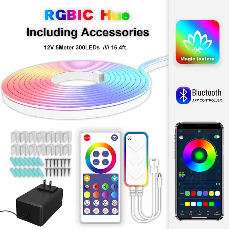 Milalit Smart RGBIC 12V 24V LED Neon Rope Light Working with Bluetooth TUYA Amazon Alexa 5m 16.4ft 300LEDs 3m 10ft 252LEDs Music Sync Flexible Led Neon Strip Lights for Bedroom Indoor Outdoor Decoration