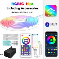 Milalit Smart RGBIC 12V 24V LED Neon Rope Light Working with Bluetooth TUYA Amazon Alexa 5m 16.4ft 300LEDs 3m 10ft 252LEDs Music Sync Flexible Led Neon Strip Lights for Bedroom Indoor Outdoor Decoration