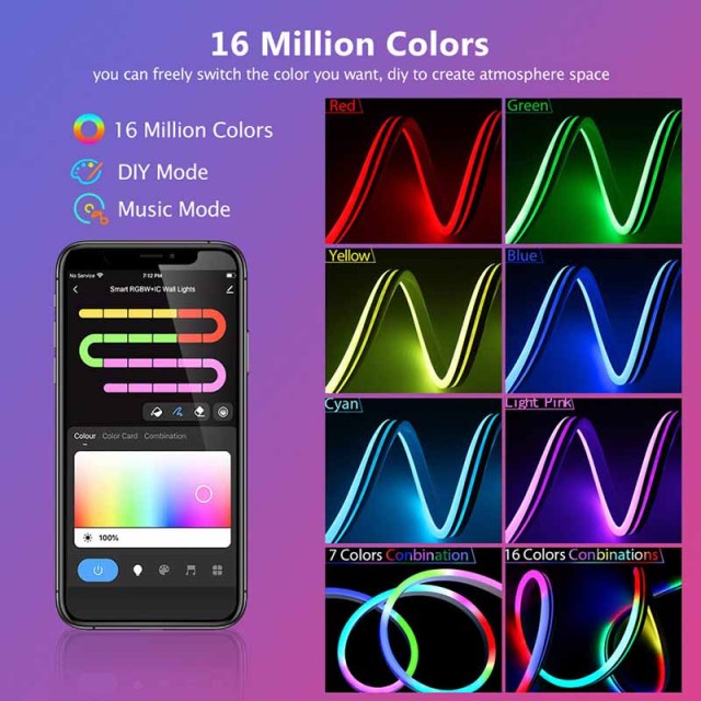 Milalit Smart RGBIC 12V 24V LED Neon Rope Light Working with Bluetooth TUYA Amazon Alexa 5m 16.4ft 300LEDs 3m 10ft 252LEDs Music Sync Flexible Led Neon Strip Lights for Bedroom Indoor Outdoor Decoration