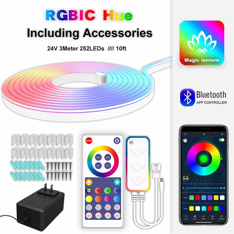 Milalit Smart RGBIC 12V 24V LED Neon Rope Light Working with Bluetooth TUYA Amazon Alexa 5m 16.4ft 300LEDs 3m 10ft 252LEDs Music Sync Flexible Led Neon Strip Lights for Bedroom Indoor Outdoor Decoration