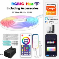 Milalit Smart RGBIC 12V 24V LED Neon Rope Light Working with Bluetooth TUYA Amazon Alexa 5m 16.4ft 300LEDs 3m 10ft 252LEDs Music Sync Flexible Led Neon Strip Lights for Bedroom Indoor Outdoor Decoration