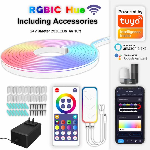 Milalit Smart RGBIC 12V 24V LED Neon Rope Light Working with Bluetooth TUYA Amazon Alexa 5m 16.4ft 300LEDs 3m 10ft 252LEDs Music Sync Flexible Led Neon Strip Lights for Bedroom Indoor Outdoor Decoration