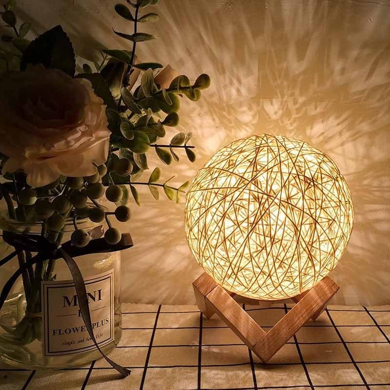 Milalit 15cm USB Rattan Ball Moon Night Lamp Stepless Dimming Globe Round Dimmable LED Table Lamp for Bedroom Bedside Hotel Club Restaurant Decoration Sweet Warm Night Light for Kids Lovers