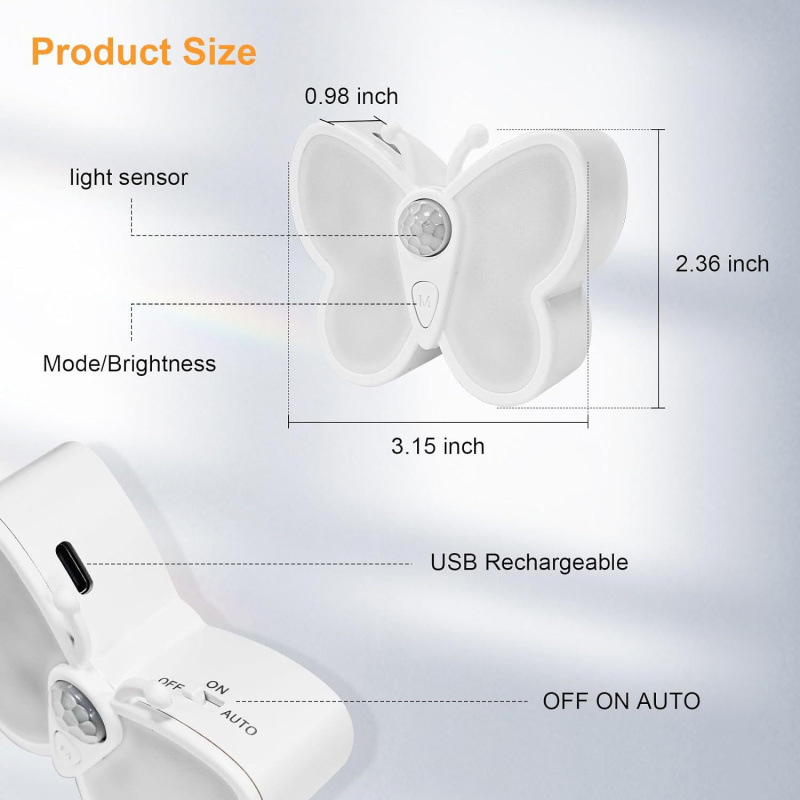 Milalit Butterfly Shape LED Sensor Night Light USB Type-C Charging Rechargeable Brightness Adjustable Stepless Dimming Evening Lamp Magnetic Wall Lamps with Spotlight for Kids Baby Room Bedside Hallway Living Room