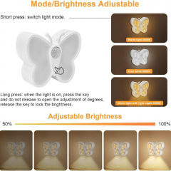 Milalit Butterfly Shape LED Sensor Night Light USB Type-C Charging Rechargeable Brightness Adjustable Stepless Dimming Evening Lamp Magnetic Wall Lamps with Spotlight for Kids Baby Room Bedside Hallway Living Room