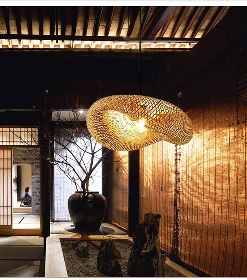 Milalit Natural Bamboo Handmade Weaving LED Pendant Light Rattan Chandeliers Ceiling Lamp with E27 Bulb Different Diameter Option for Hotel Restaurant Dinging Table Decor