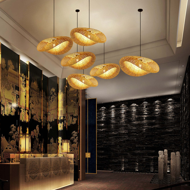 Milalit Natural Bamboo Handmade Weaving LED Pendant Light Rattan Chandeliers Ceiling Lamp with E27 Bulb Different Diameter Option for Hotel Restaurant Dinging Table Decor