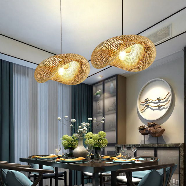 Milalit Natural Bamboo Handmade Weaving LED Pendant Light Rattan Chandeliers Ceiling Lamp with E27 Bulb Different Diameter Option for Hotel Restaurant Dinging Table Decor