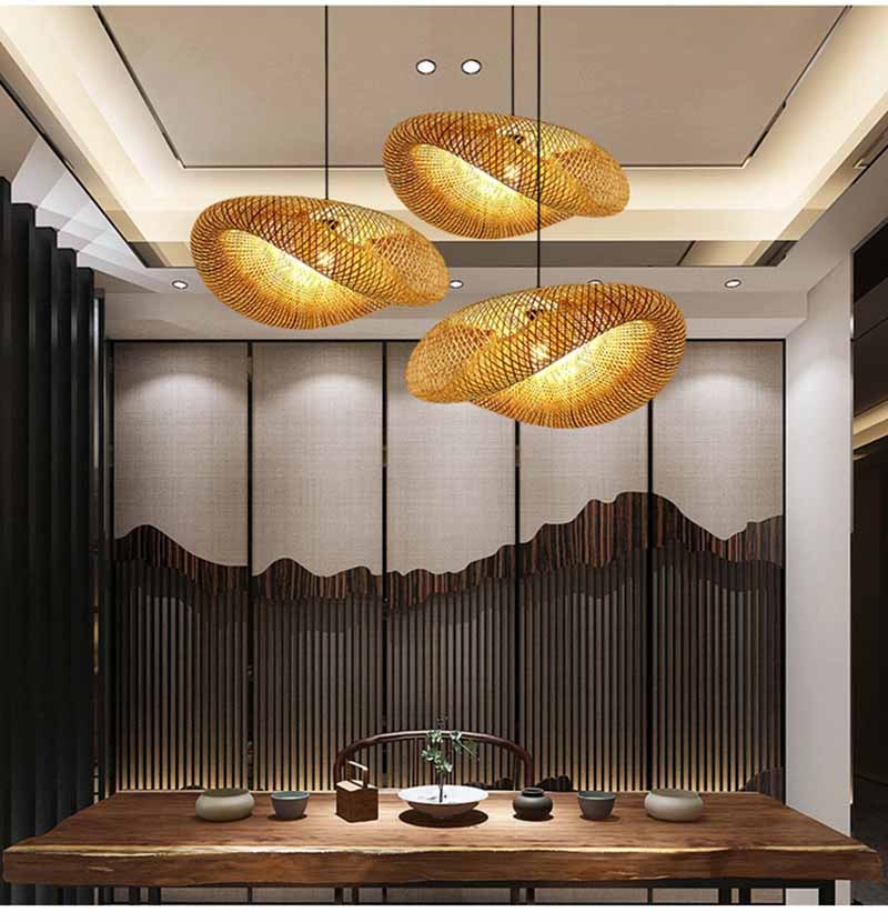 Milalit Natural Bamboo Handmade Weaving LED Pendant Light Rattan Chandeliers Ceiling Lamp with E27 Bulb Different Diameter Option for Hotel Restaurant Dinging Table Decor
