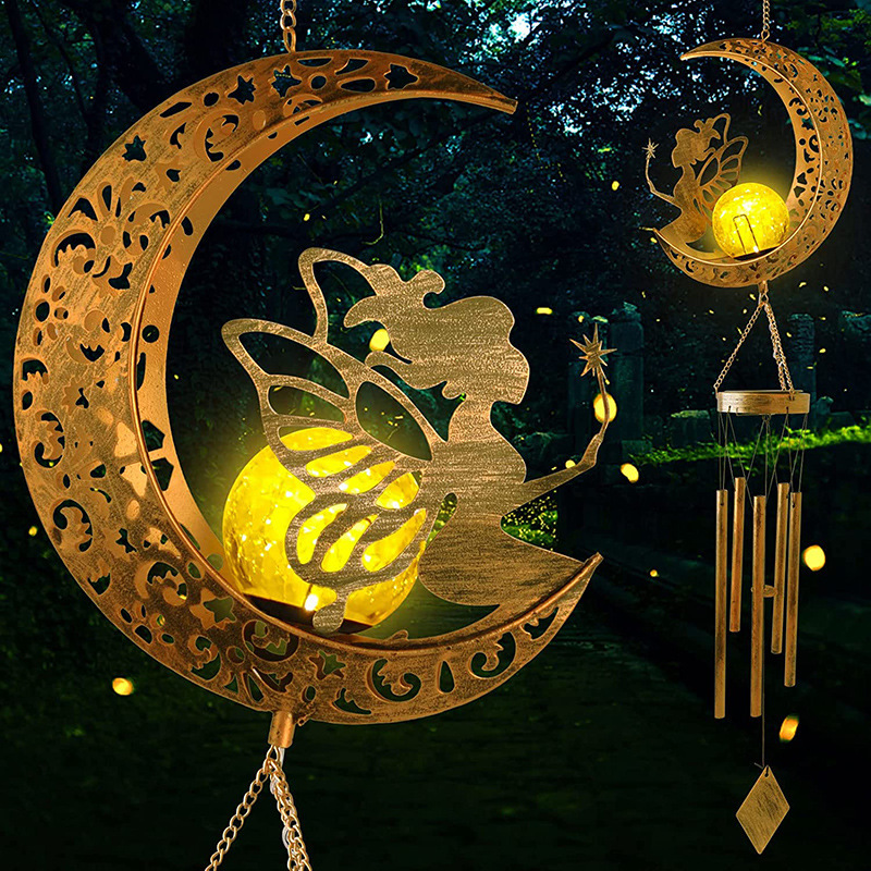 Milalit Solar Fairy Wind Chimes Outside LED Beauty Girl with Wing On the Moon Solar Moon Shape Light Decor Unique Birthday Gifts for Mom Grandma Garden Decoration