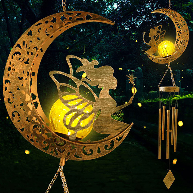 Milalit Solar Fairy Wind Chimes Outside LED Beauty Girl with Wing On the Moon Solar Moon Shape Light Decor Unique Birthday Gifts for Mom Grandma Garden Decoration