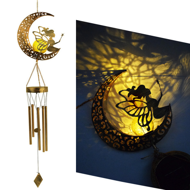 Milalit Solar Fairy Wind Chimes Outside LED Beauty Girl with Wing On the Moon Solar Moon Shape Light Decor Unique Birthday Gifts for Mom Grandma Garden Decoration