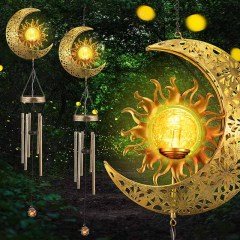 Milalit Metal Solar Sun and Moon Wind Chime Lights Garden Decorative Crackle Glass Ball LED Lamps with 5 Music Tubes Garden Ornaments for Xmas Birthday Thanksgiving Gifts