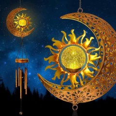 Milalit Metal Solar Sun and Moon Wind Chime Lights Garden Decorative Crackle Glass Ball LED Lamps with 5 Music Tubes Garden Ornaments for Xmas Birthday Thanksgiving Gifts
