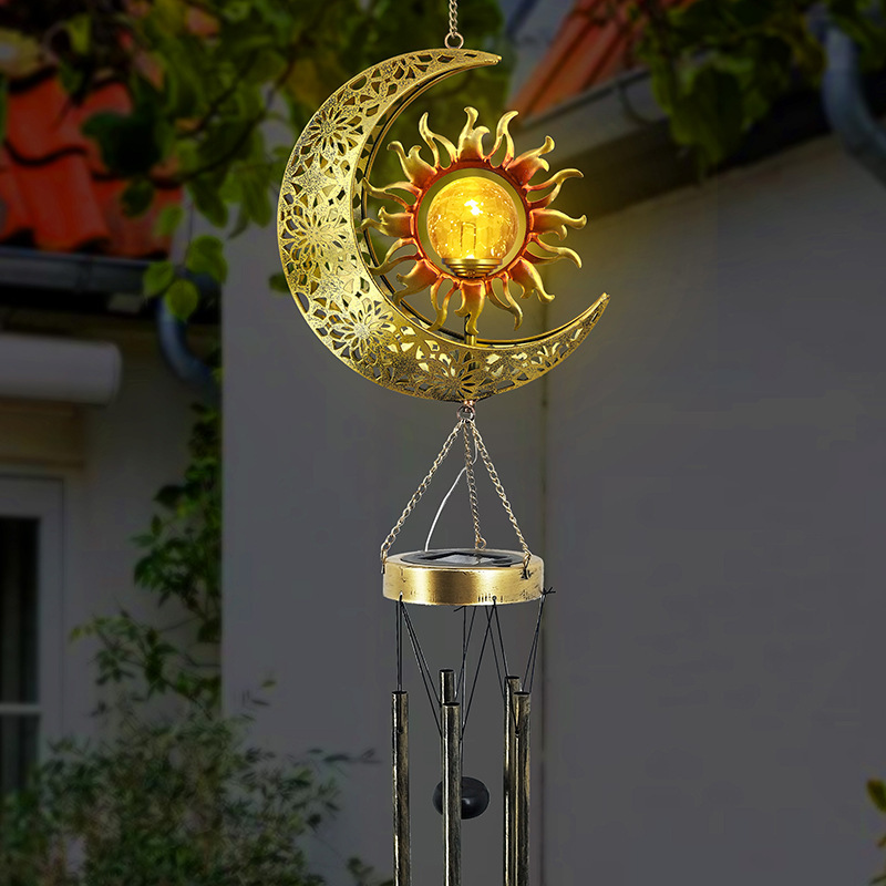 Milalit Metal Solar Sun and Moon Wind Chime Lights Garden Decorative Crackle Glass Ball LED Lamps with 5 Music Tubes Garden Ornaments for Xmas Birthday Thanksgiving Gifts