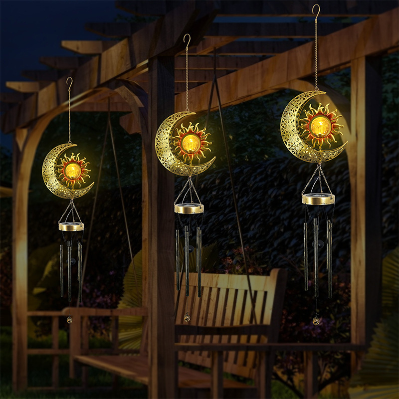 Milalit Metal Solar Sun and Moon Wind Chime Lights Garden Decorative Crackle Glass Ball LED Lamps with 5 Music Tubes Garden Ornaments for Xmas Birthday Thanksgiving Gifts