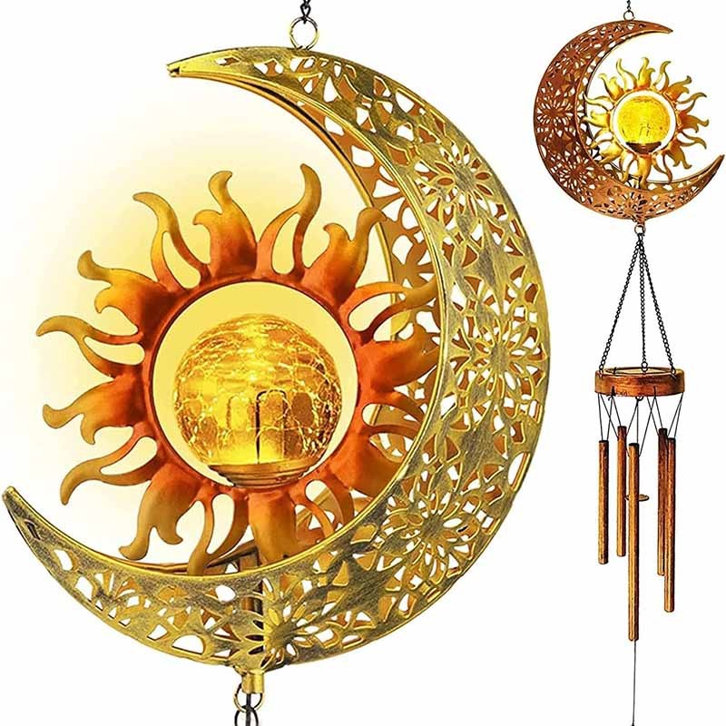 Milalit Metal Solar Sun and Moon Wind Chime Lights Garden Decorative Crackle Glass Ball LED Lamps with 5 Music Tubes Garden Ornaments for Xmas Birthday Thanksgiving Gifts