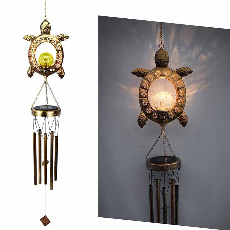 Milalit Solar Sea Turtle Wind Chime Lights Garden Decorative Tortoise Ornaments with Crackle Glass Bulb Ball LED Light Lamp for Thanksgiving Birthday Valentine's Gift