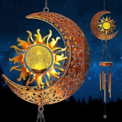 Milalit Metal Solar Sun and Moon Wind Chime Lights Garden Decorative Crackle Glass Ball LED Lamps with 5 Music Tubes Garden Ornaments for Xmas Birthday Thanksgiving Gifts
