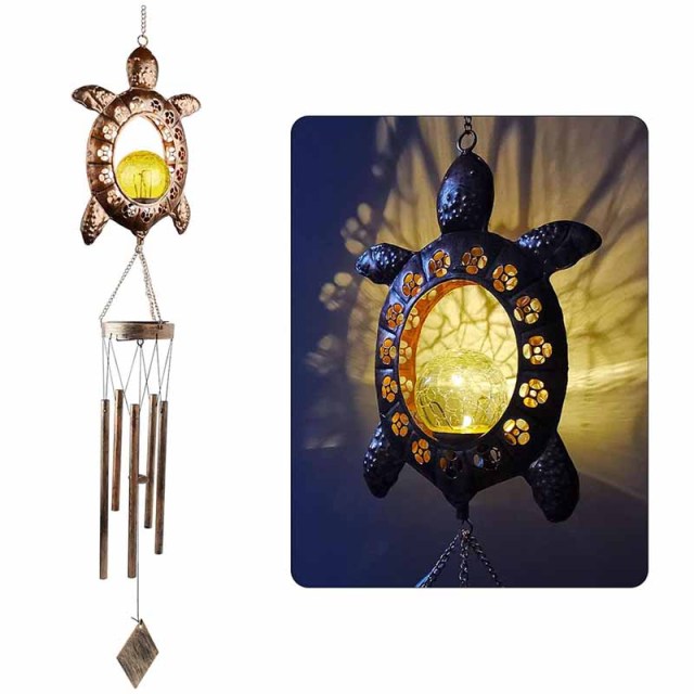 Milalit Solar Sea Turtle Wind Chime Lights Garden Decorative Tortoise Ornaments with Crackle Glass Bulb Ball LED Light Lamp for Thanksgiving Birthday Valentine's Gift