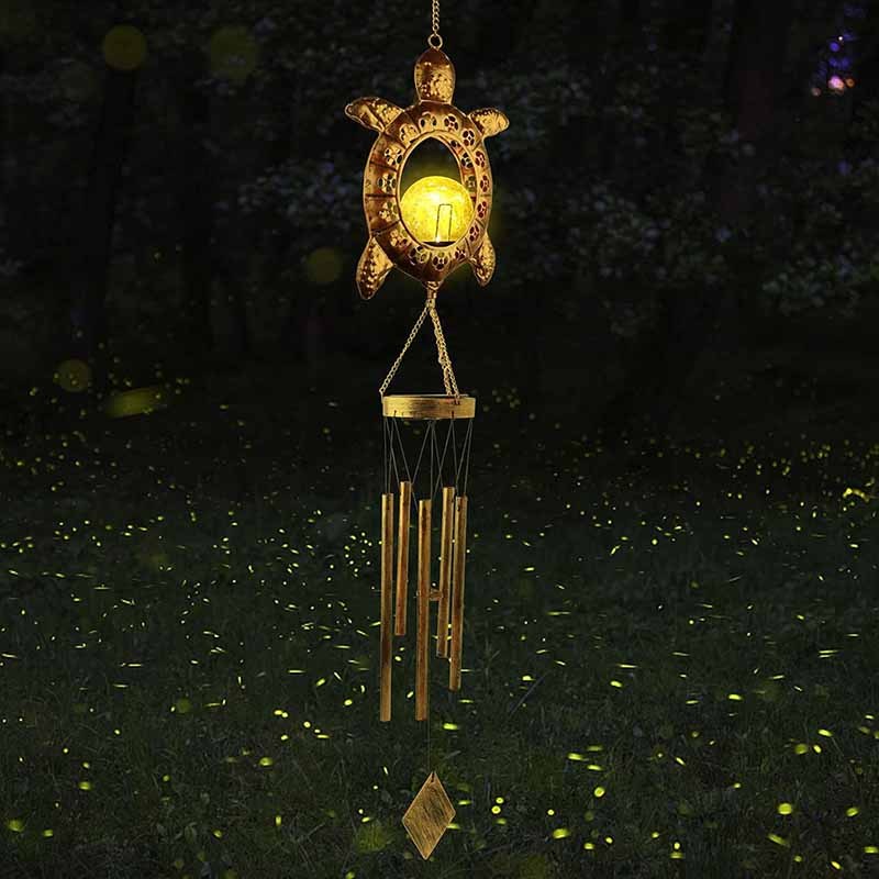 Milalit Solar Sea Turtle Wind Chime Lights Garden Decorative Tortoise Ornaments with Crackle Glass Bulb Ball LED Light Lamp for Thanksgiving Birthday Valentine's Gift