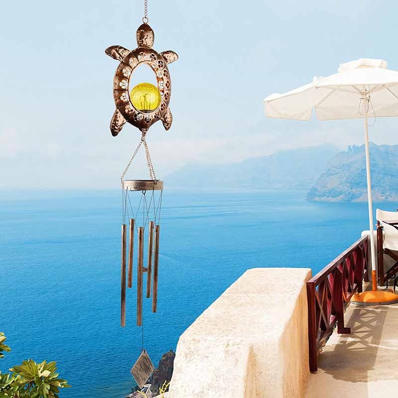 Milalit Solar Sea Turtle Wind Chime Lights Garden Decorative Tortoise Ornaments with Crackle Glass Bulb Ball LED Light Lamp for Thanksgiving Birthday Valentine's Gift