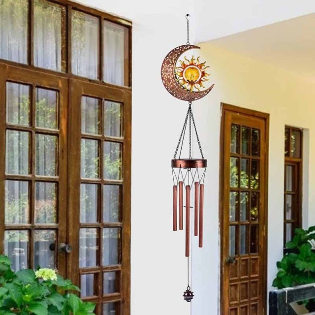 Milalit Metal Solar Sun and Moon Wind Chime Lights Garden Decorative Crackle Glass Ball LED Lamps with 5 Music Tubes Garden Ornaments for Xmas Birthday Thanksgiving Gifts