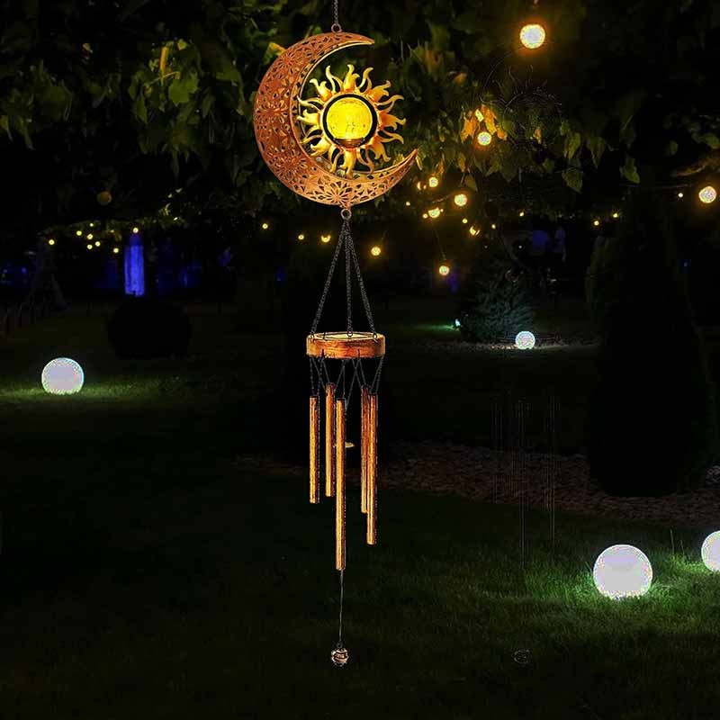 Milalit Metal Solar Sun and Moon Wind Chime Lights Garden Decorative Crackle Glass Ball LED Lamps with 5 Music Tubes Garden Ornaments for Xmas Birthday Thanksgiving Gifts