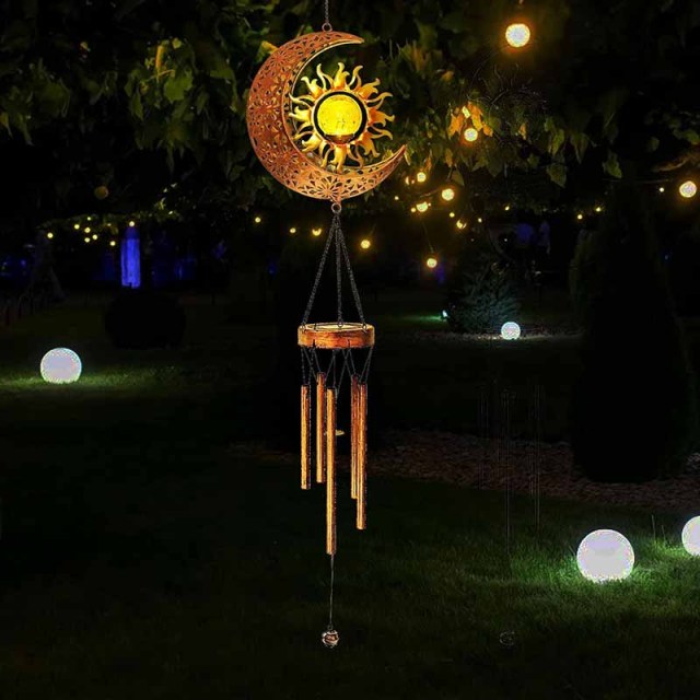 Milalit Metal Solar Sun and Moon Wind Chime Lights Garden Decorative Crackle Glass Ball LED Lamps with 5 Music Tubes Garden Ornaments for Xmas Birthday Thanksgiving Gifts