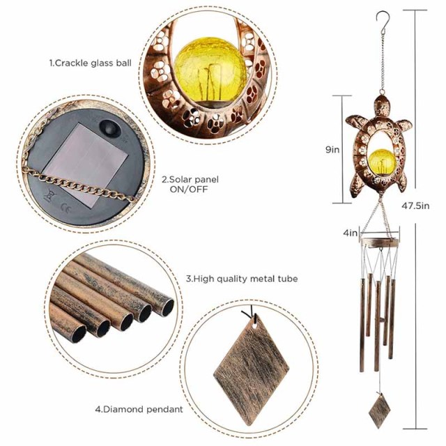 Milalit Solar Sea Turtle Wind Chime Lights Garden Decorative Tortoise Ornaments with Crackle Glass Bulb Ball LED Light Lamp for Thanksgiving Birthday Valentine's Gift