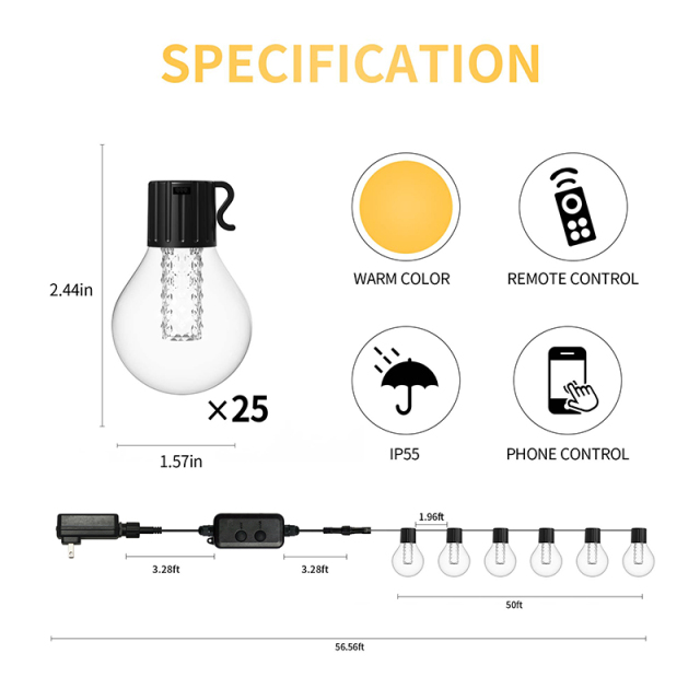 Milalit Smart Electric Plug in 15m G40 Outdoor IP65 2000K String LED 25 Bulb Lamps with Bluetooth APP IR Remote Control Dimmer Timer Function for Garden Yard Holiday Festival Decoration