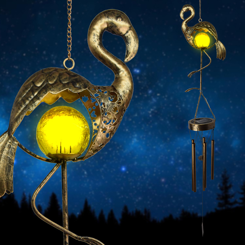 Milalit Metal Solar Flamingo LED Decorative Wind Chime Lamps Hanging Bronze Iron Bird Wind Chimes Light for Garden Porch Yard Outdoor Balcony Birthday Gift