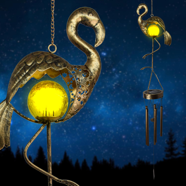 Milalit Metal Solar Flamingo LED Decorative Wind Chime Lamps Hanging Bronze Iron Bird Wind Chimes Light for Garden Porch Yard Outdoor Balcony Birthday Gift