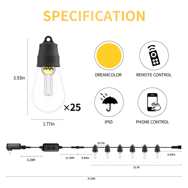Milalit Smart Plug in S14 Waterproof Warm White 2000K String 25 Bulbs with Unique Diamonds LED Lamp Wick APP Remote Control Dimmer Timer for Christmas Halloween Birthday Party Decor