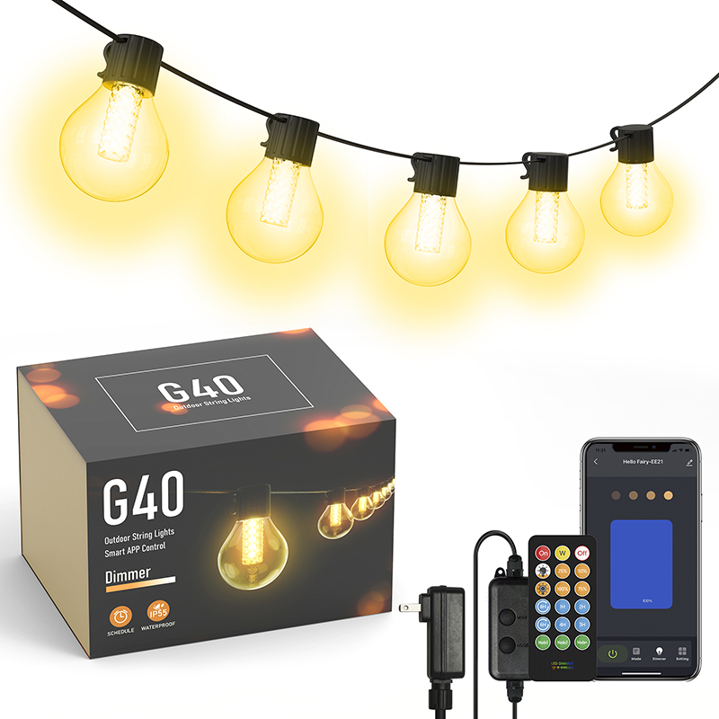Milalit Smart Electric Plug in 15m G40 Outdoor IP65 2000K String LED 25 Bulb Lamps with Bluetooth APP IR Remote Control Dimmer Timer Function for Garden Yard Holiday Festival Decoration