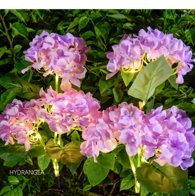 Milalit Solar Hydrangea Flower Light with 3 Heads Fabric Artificial Flowers LED Decorative Lamp for Festival Theme Park Lawn Garden