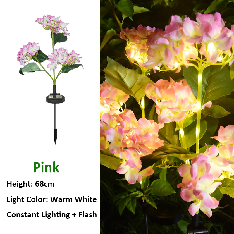 Milalit Solar Hydrangea Flower Light with 3 Heads Fabric Artificial Flowers LED Decorative Lamp for Festival Theme Park Lawn Garden