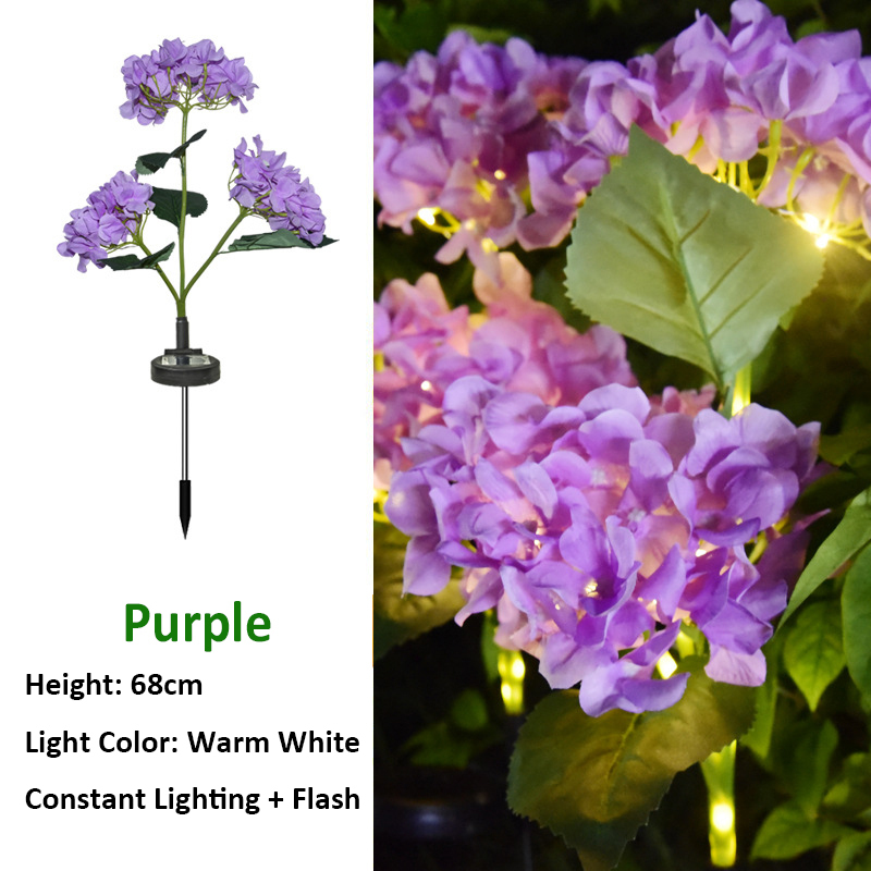 Milalit Solar Hydrangea Flower Light with 3 Heads Fabric Artificial Flowers LED Decorative Lamp for Festival Theme Park Lawn Garden
