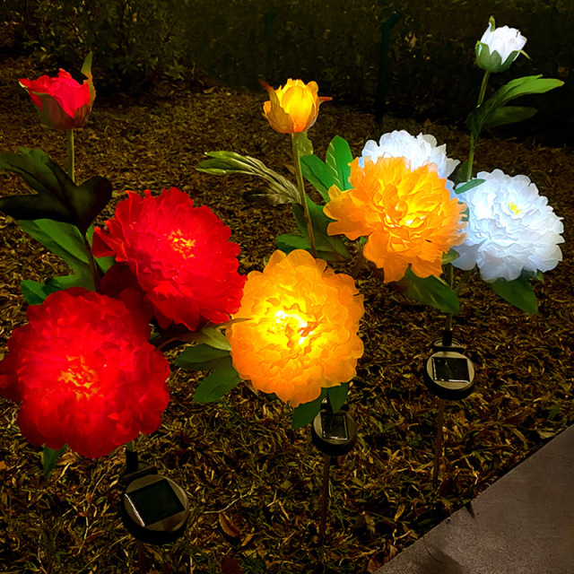 Milalit Solar Peony Flower Light with 3 Heads Constant Lighting Modes Outdoor Waterproof Garden Stake Lamp Red Pink Yellow White Purple