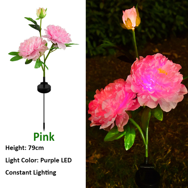 Milalit Solar Peony Flower Light with 3 Heads Constant Lighting Modes Outdoor Waterproof Garden Stake Lamp Red Pink Yellow White Purple