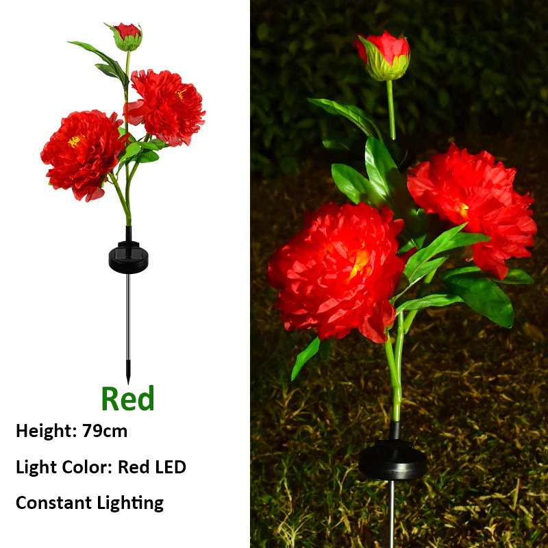 Milalit Solar Peony Flower Light with 3 Heads Constant Lighting Modes Outdoor Waterproof Garden Stake Lamp Red Pink Yellow White Purple