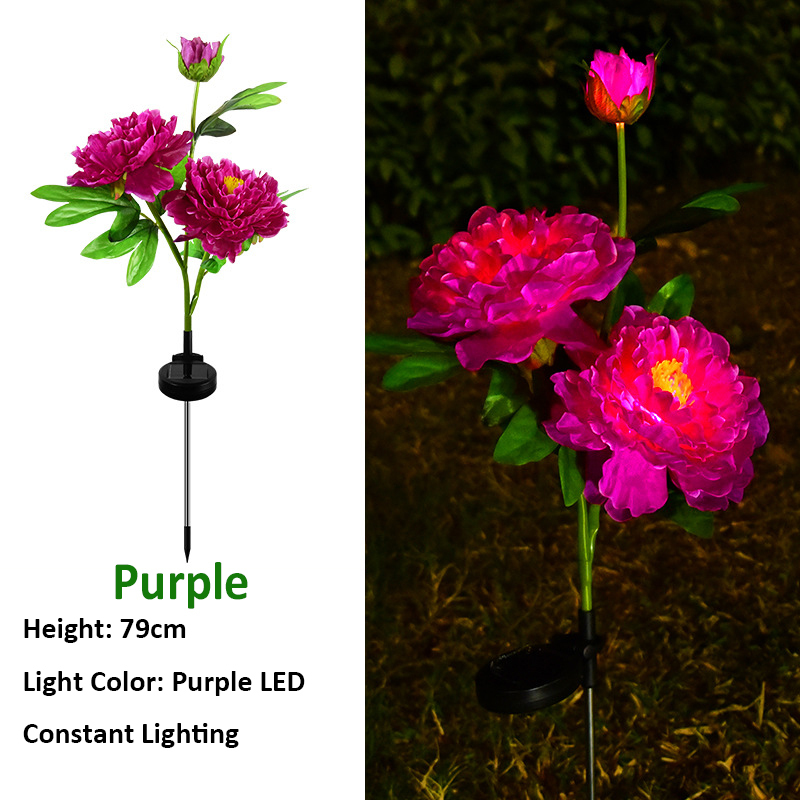 Milalit Solar Peony Flower Light with 3 Heads Constant Lighting Modes Outdoor Waterproof Garden Stake Lamp Red Pink Yellow White Purple
