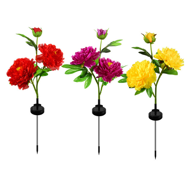 Milalit Solar Peony Flower Light with 3 Heads Constant Lighting Modes Outdoor Waterproof Garden Stake Lamp Red Pink Yellow White Purple