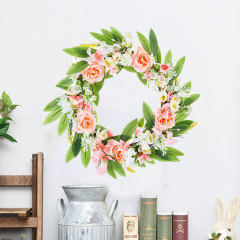 Milalit 46cm New Spring Summer Fall Pink Rose Wreath for Front Door Fence Wall Hanging Garden Christmas Gate Decor with Artificial Flower Green Leaves