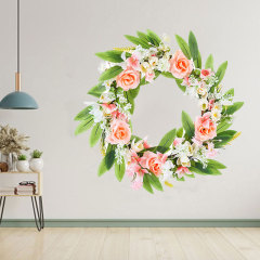 Milalit 46cm New Spring Summer Fall Pink Rose Wreath for Front Door Fence Wall Hanging Garden Christmas Gate Decor with Artificial Flower Green Leaves