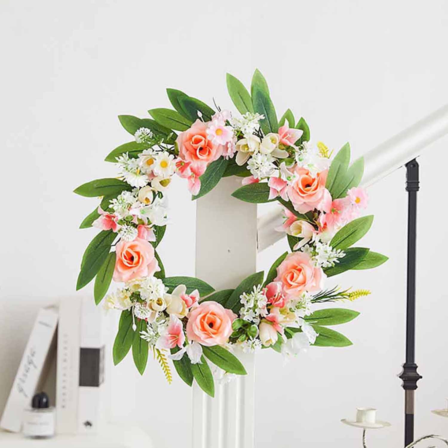 Milalit 46cm New Spring Summer Fall Pink Rose Wreath for Front Door Fence Wall Hanging Garden Christmas Gate Decor with Artificial Flower Green Leaves