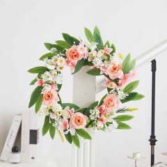Milalit 46cm New Spring Summer Fall Pink Rose Wreath for Front Door Fence Wall Hanging Garden Christmas Gate Decor with Artificial Flower Green Leaves