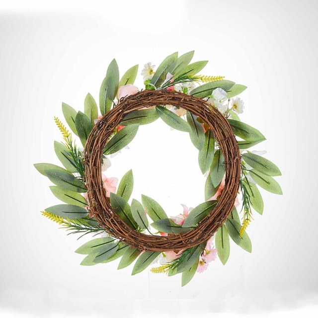 Milalit 46cm New Spring Summer Fall Pink Rose Wreath for Front Door Fence Wall Hanging Garden Christmas Gate Decor with Artificial Flower Green Leaves